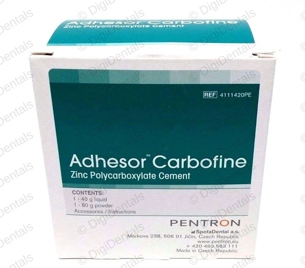 A white and teal box of Pentron Adhesor Carbofine Zinc Polycarbonate Cement, shown on a plain white background.