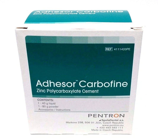 A white and teal box of Pentron Adhesor Carbofine Zinc Polycarbonate Cement, shown on a plain white background.