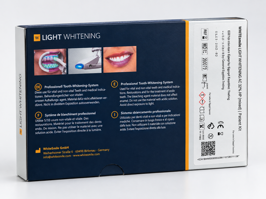 Whitelande Light Whitening AC 230V/240V IP Frenzkonditioners professional tooth whitening system retail packaging box, featuring dark blue and orange design with product details and instructions.
WHITEsmile Light Whitening professional tooth bleaching kit packaging for in-office cosmetic dentistry