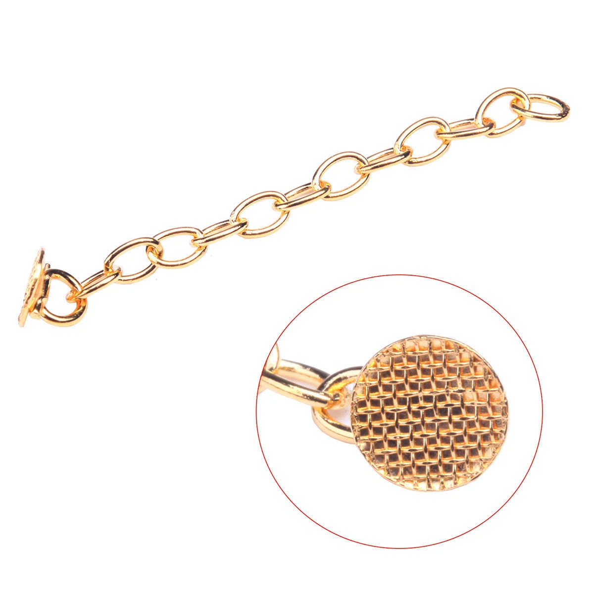 Gold chain bracelet with a close-up of a clasp on a white background