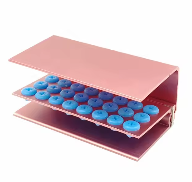 Metal dental bur holder with 24 holes for organizing and sterilizing dental burs