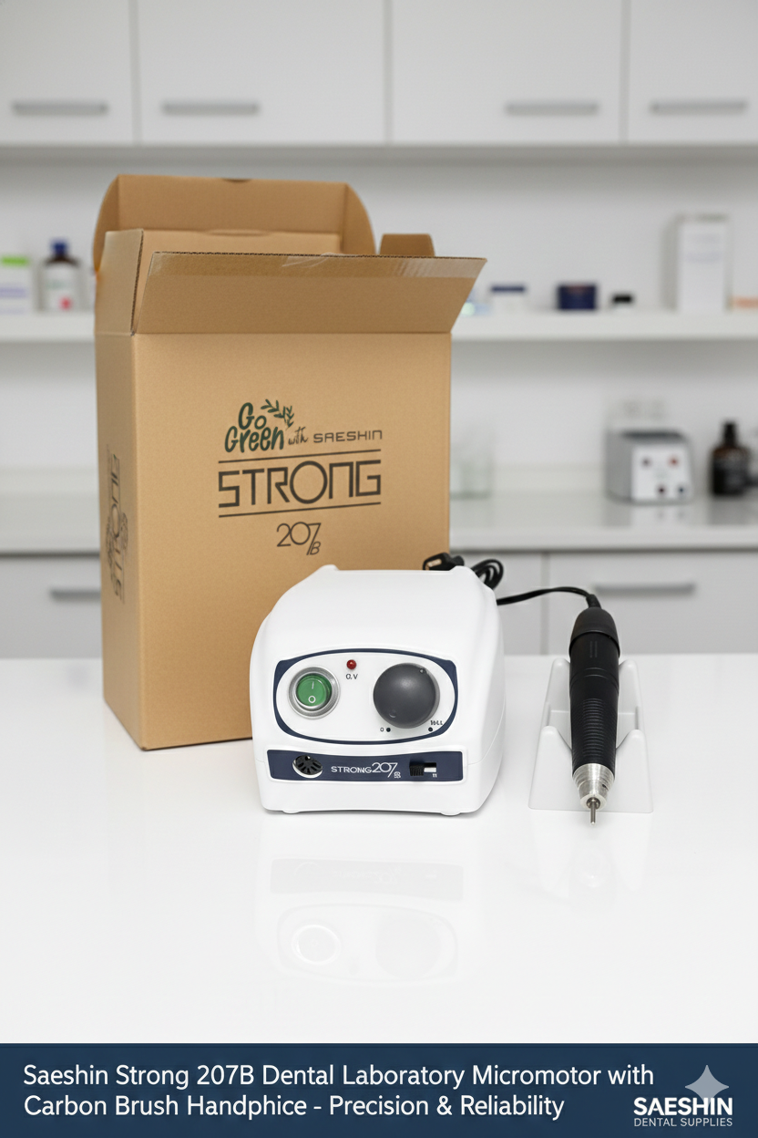 Saeshin Strong 207B control unit with connected handpiece and cradle for dental laboratory use.