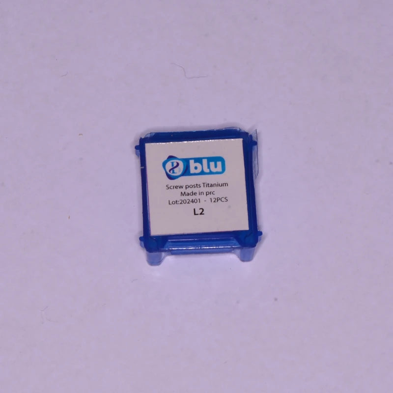 Packaged screw posts with blu branding on a white background