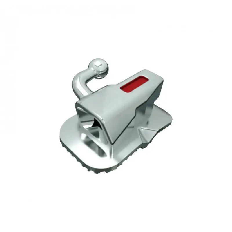 Metallic hook with a red label on a white background