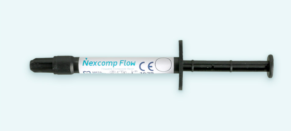 MetaBiomed Nexcomp Flow nano hybrid flowable composite resin syringe with applicator tips in shades A1 A2 A3 A3.5
