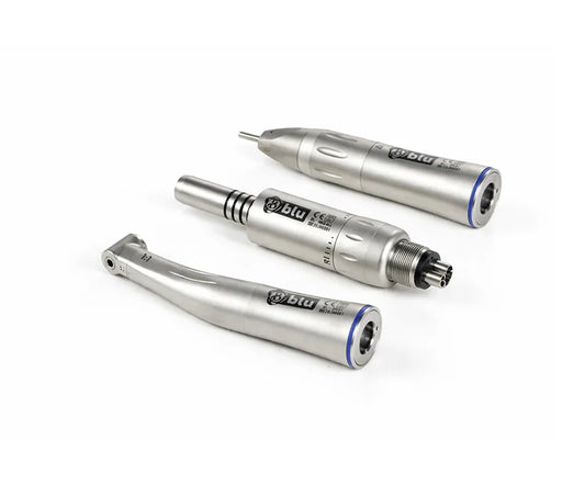 Three metallic dental handpieces with blue accent rings, displayed on a clean white background. Blu low speed dental handpiece internal water spray system kit