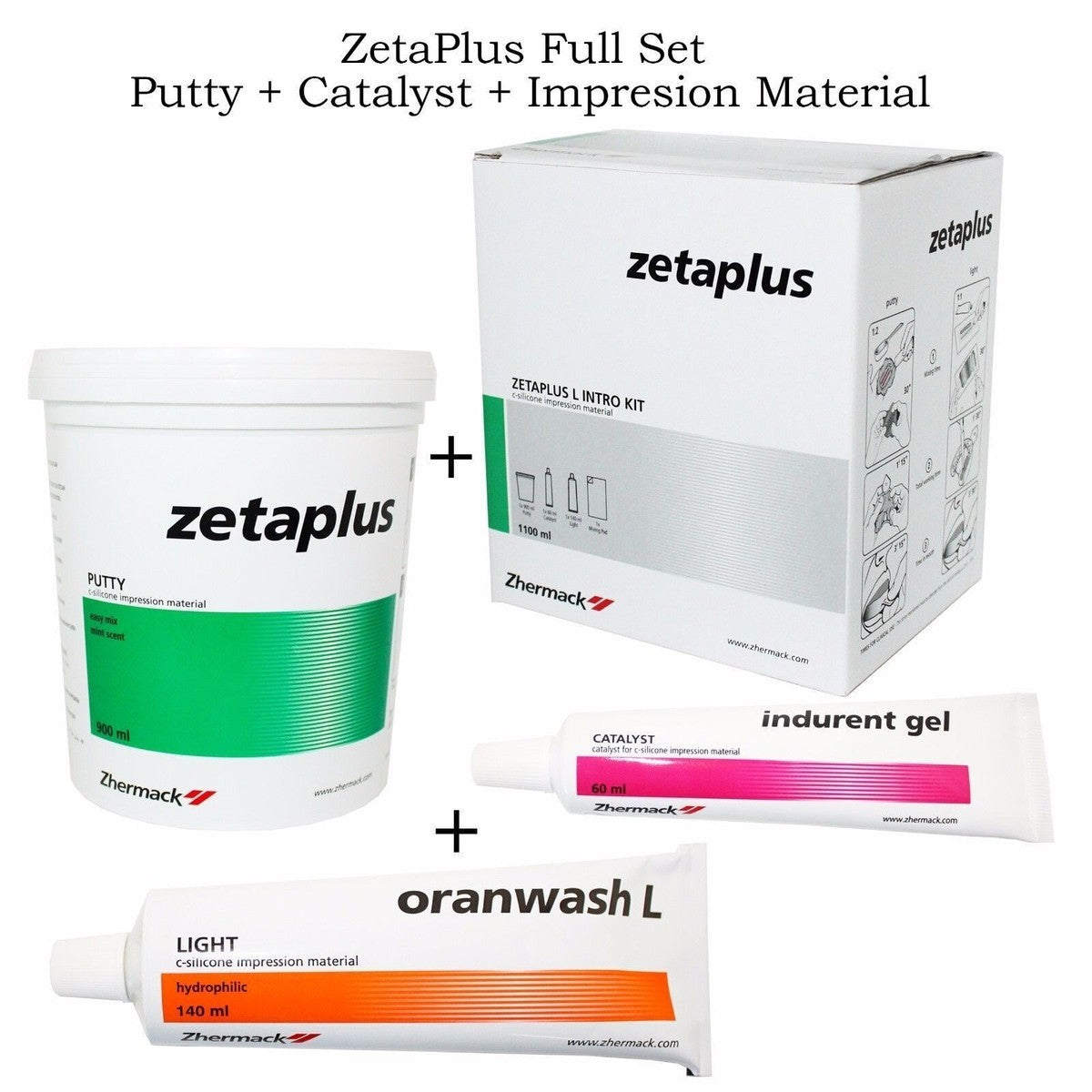 ZetaPlus Full Set dental impression kit components including a white tub of ZetaPlus putty, a box of ZetaPlus Intro Kit, a tube of indurent gel catalyst, and a tube of oranwash L, all branded Zermatt on a white background.