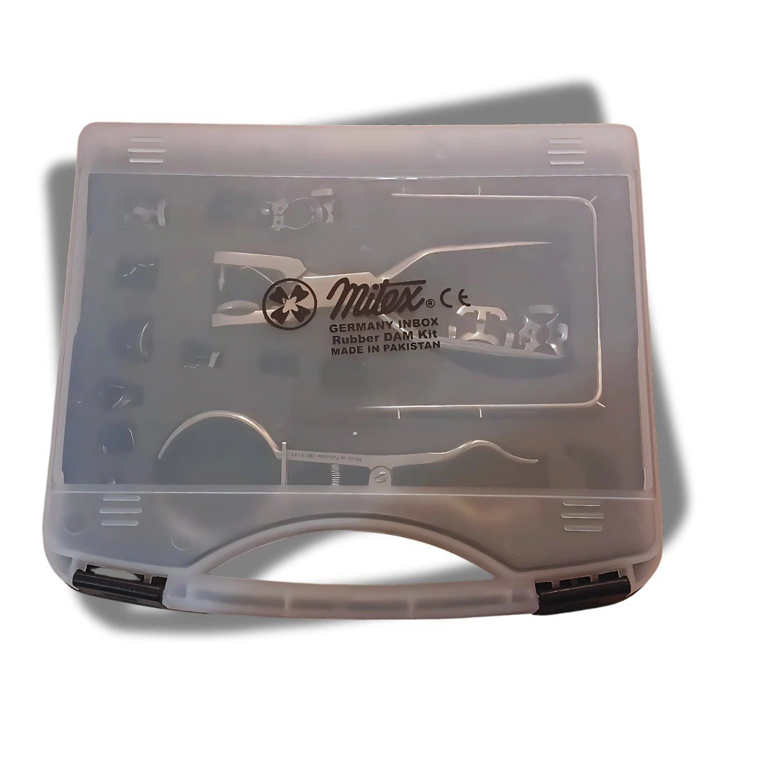 Mitex complete rubber dam kit in rigid carry case including punch, clamp forceps, metal frame and assorted clamps for dental field isolation.