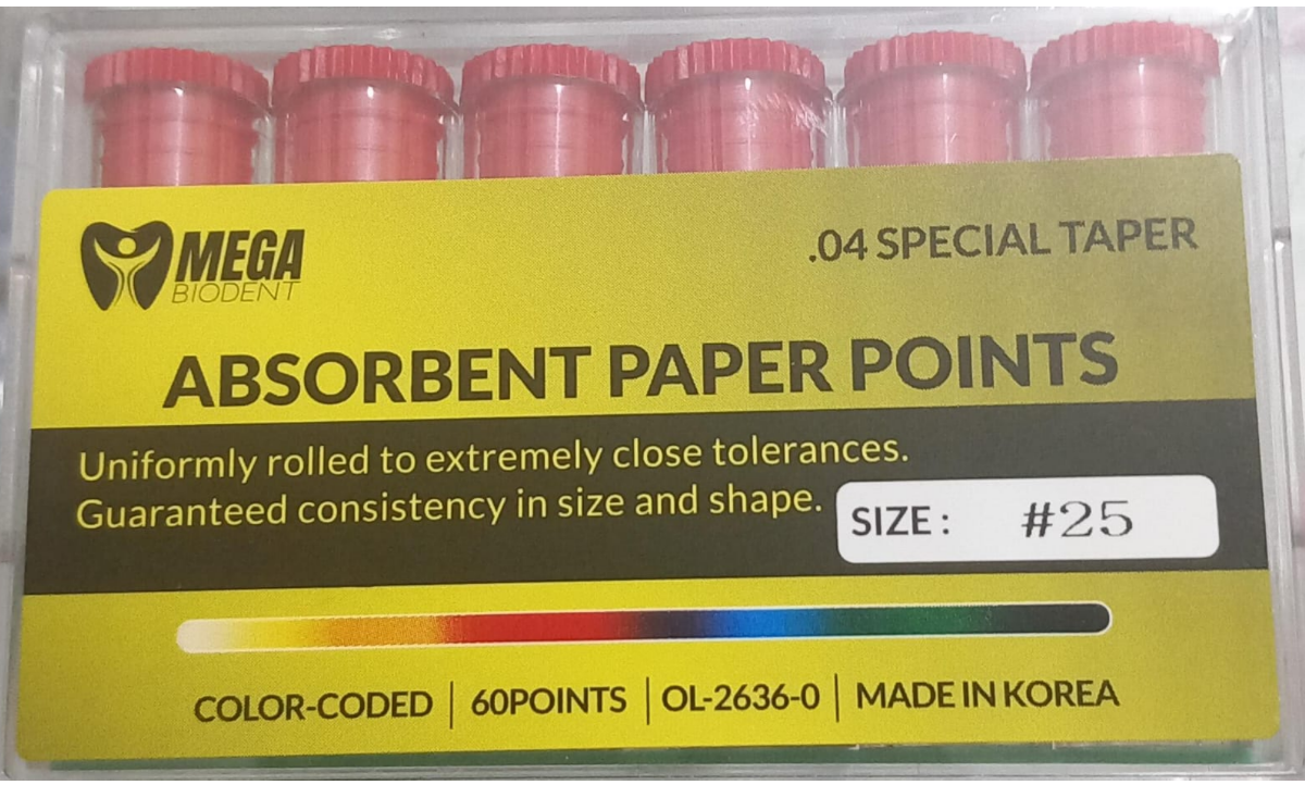 Mega absorbent paper points size 25 taper 4 percent box of 60 points for drying root canals