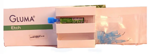 GLUMA Etch 2.5 phosphoric acid etching gel syringe with applicator tips for dental bonding procedures