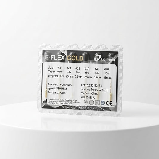 Eighteeth E-FLEX GOLD rotary endodontic files in a six-piece blister pack