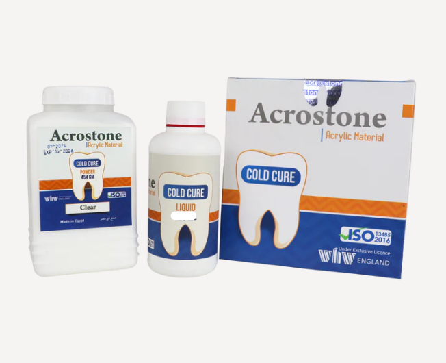 Acrostone Cold-Cure Acrylic in Pink and Transparent shades for dental repairs and orthodontic appliances.