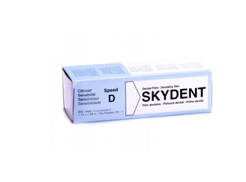 Skydent D-speed intraoral X-ray film box containing 100 individual vinyl-wrapped films.