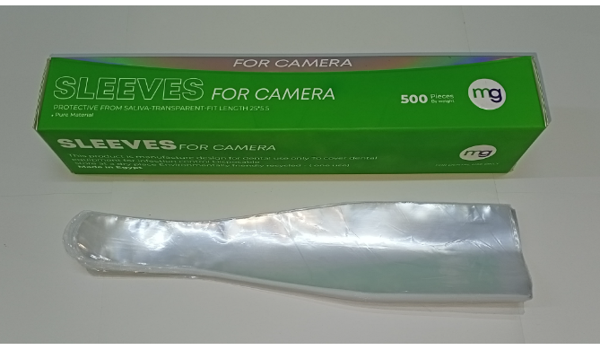 Box of 500 MG disposable camera sleeves with a sample transparent sleeve for intraoral imaging protection.