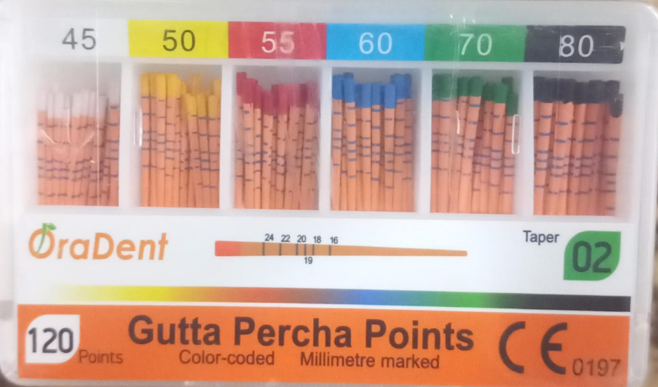 ORA Dent gutta percha points .02 taper sizes 45 to 80 box of 120 points for root canal obturation