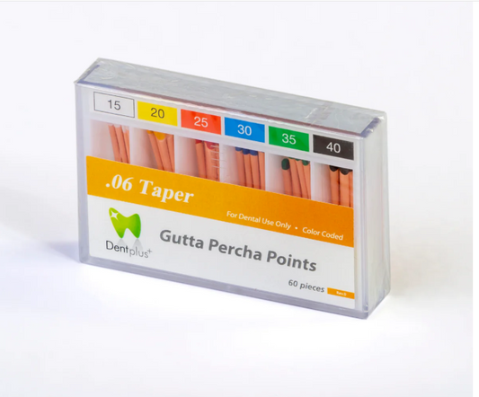 DentPlus gutta percha points .06 taper assorted ISO sizes box of 60 points for root canal obturation