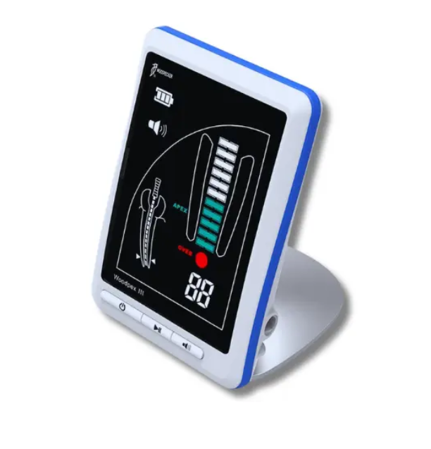 Woodpecker Woodpex III PRO electronic apex locator featuring a large digital display with canal trajectory and apical indicators.