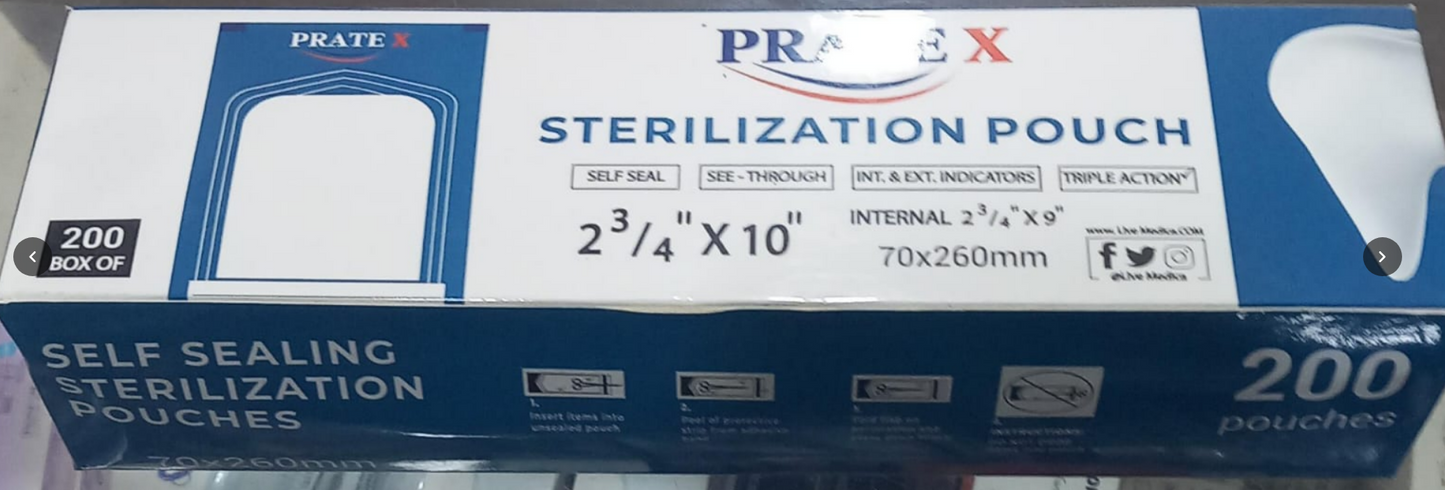 Self-seal sterilization pouch 7 cm width pack of 200 for packaging dental instruments before autoclave sterilization