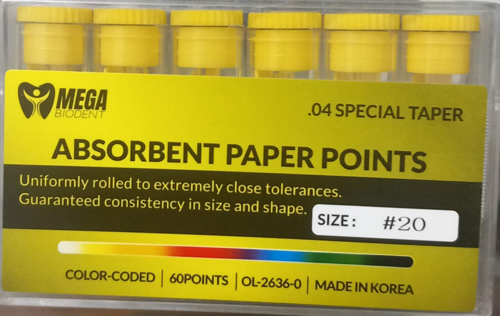 Pack of absorbent paper points with Mega Biocell branding on a yellow label.