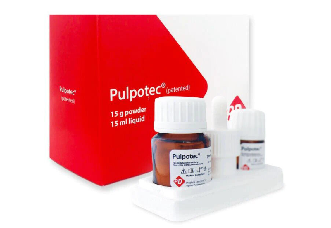 PD Pulpotec kit containing 15g powder and 15ml liquid for endodontic pulpotomy procedures.