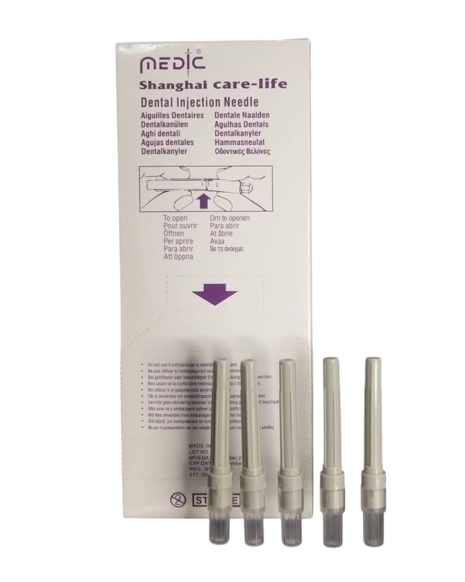 Box of 100 Medic sterile dental injection needles 27G Long 0.4 x 38 mm for local anesthesia.