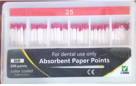 Pack of dental absorbent paper points with packaging indicating 'For dental use only'.
