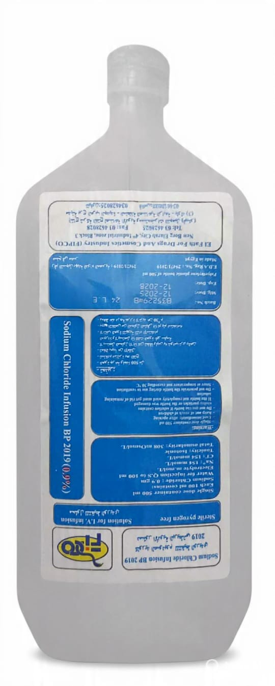 500ml bottle of sterile 0.9% Sodium Chloride Normal Saline for irrigation and clinical use.