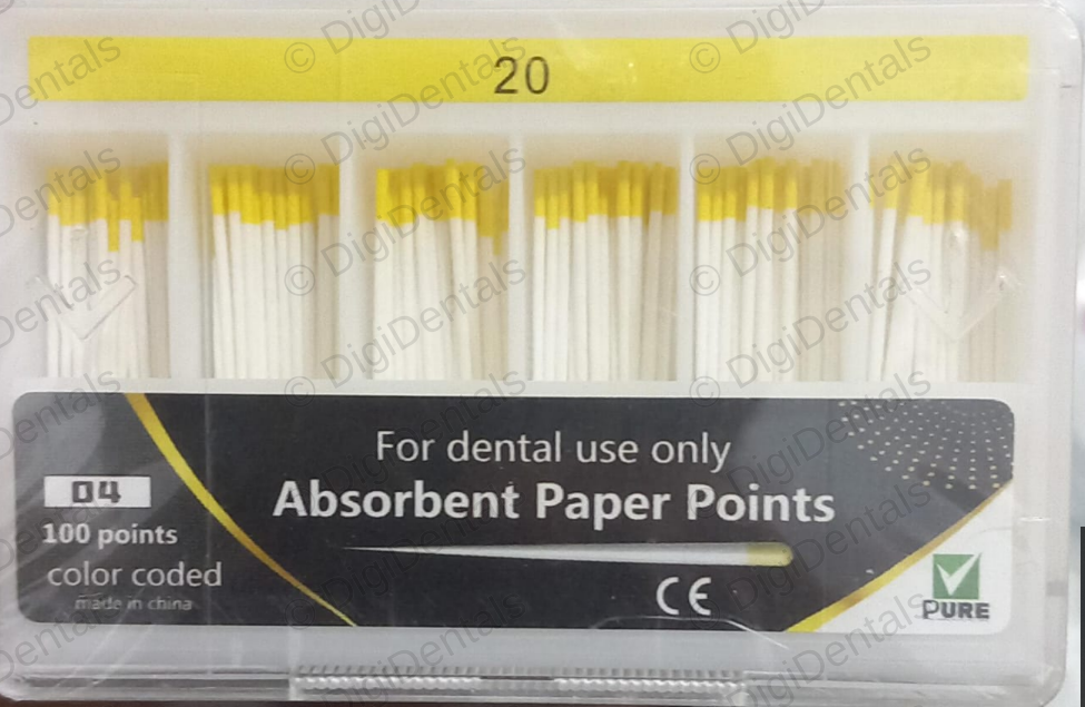 Pack of dental absorbent paper points with a yellow and white color scheme.