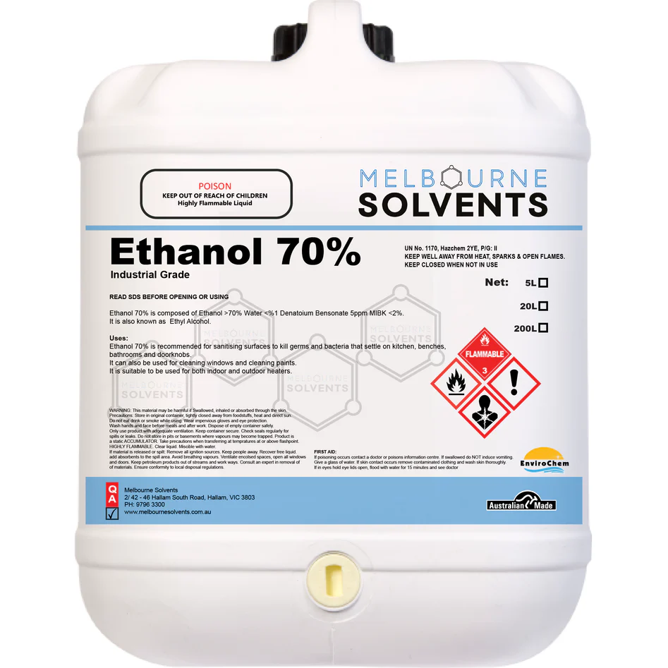 20 Liter bulk jerrycan of 70% Ethyl Alcohol antiseptic solution for industrial and hospital use.