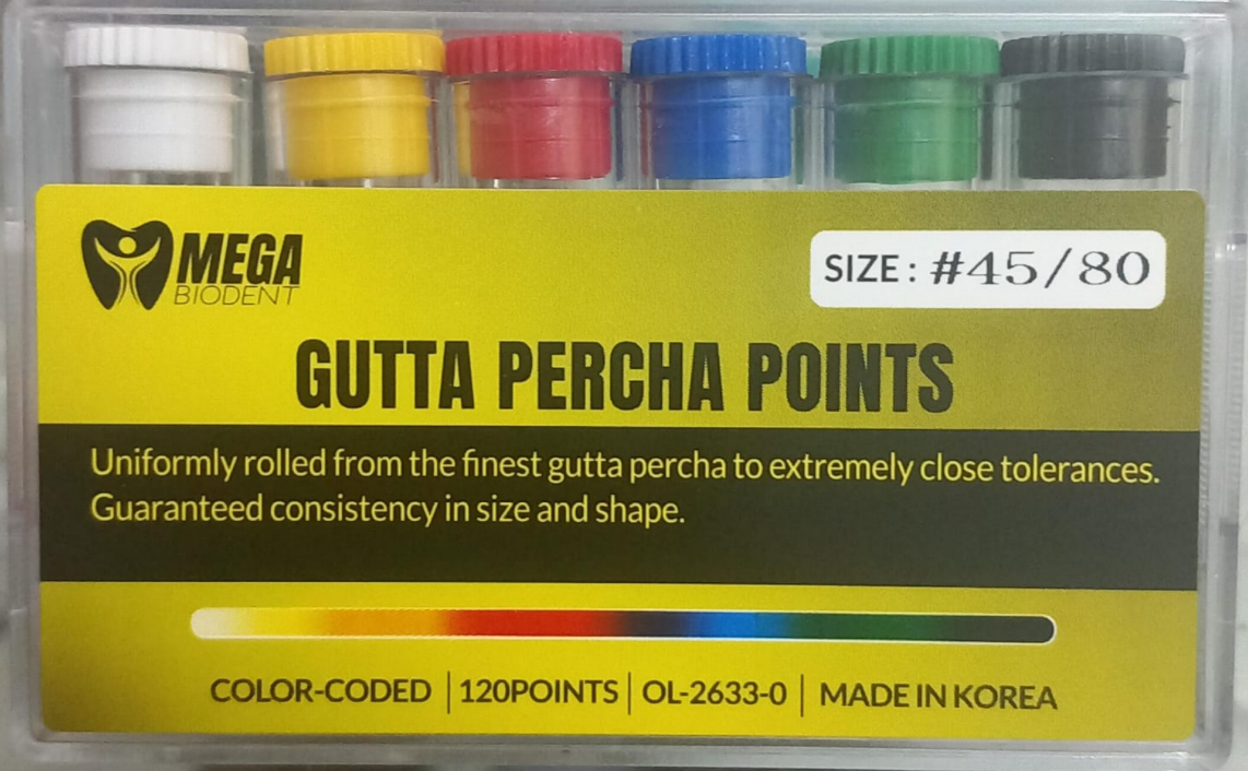 Meta Biomed gutta percha points size 80 length 45 mm box of 120 points for root canal obturation