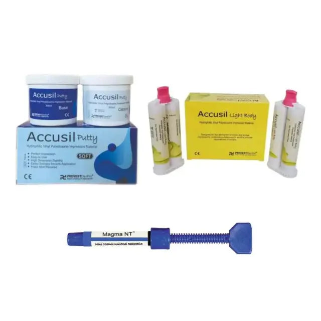 Prevest Accusil A Silicone Putty and Light Body impression material bundle with free Magma NT A3 composite syringe