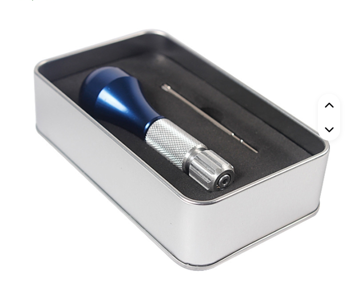 Universal dental implant prosthetic screwdriver with blue ergonomic handle in a metal storage case.
