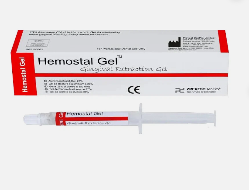 Dental aluminum chloride hemostatic gel syringe used for controlling gingival bleeding during restorative procedures
