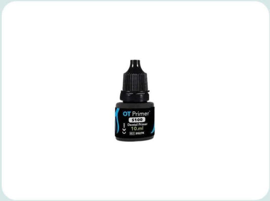 Black dental primer bottle labeled 'OT Primer S100' on a white background