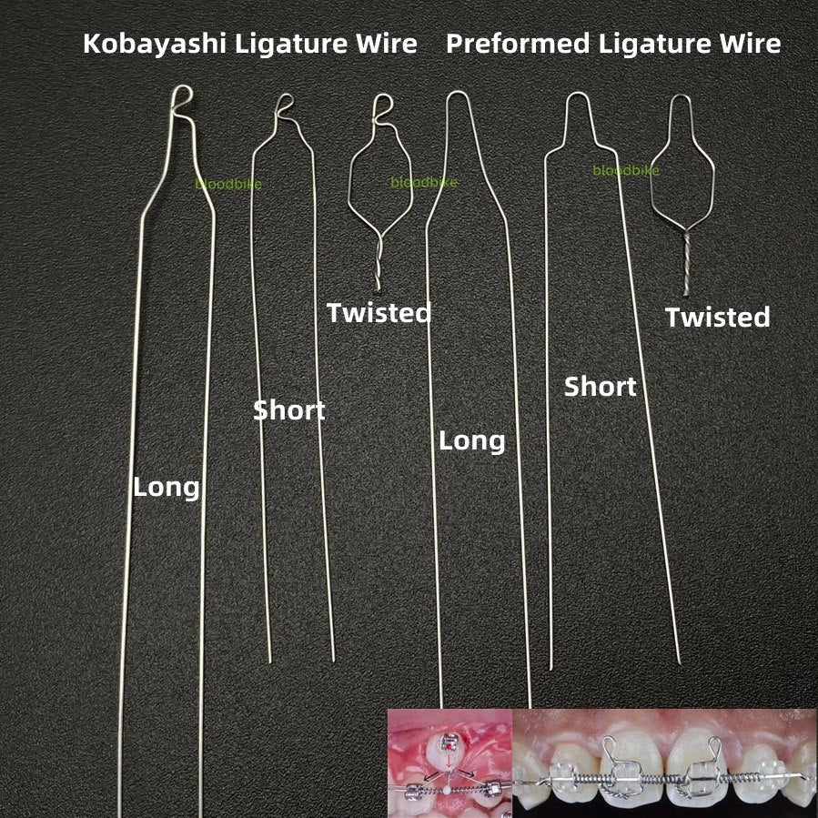 Stainless steel Kobayashi and preformed orthodontic ligature wire ties in long, short, and twisted variants for fixed appliance therapy.