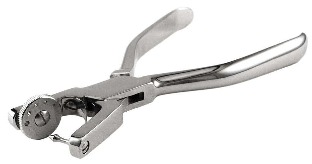 Stainless steel dental rubber dam punch instrument with 5 hole sizes on rotating disc for rubber dam sheet perforation.