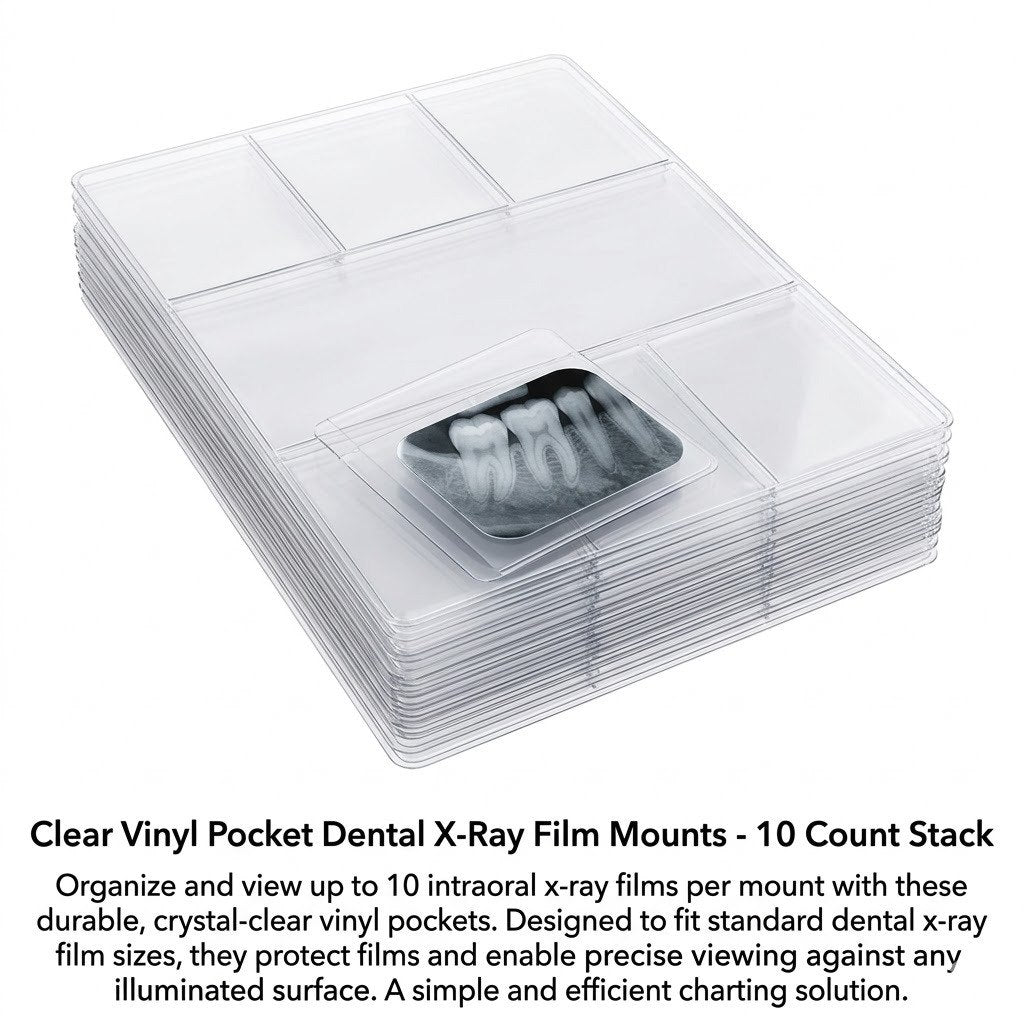 Clear transparent vinyl dental x-ray film mount with 10 pocket slots for intraoral periapical and bitewing film organization and viewing.