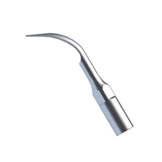 Replacement ultrasonic scaler tip in stainless steel for supragingival and subgingival calculus removal during periodontal scaling procedures.