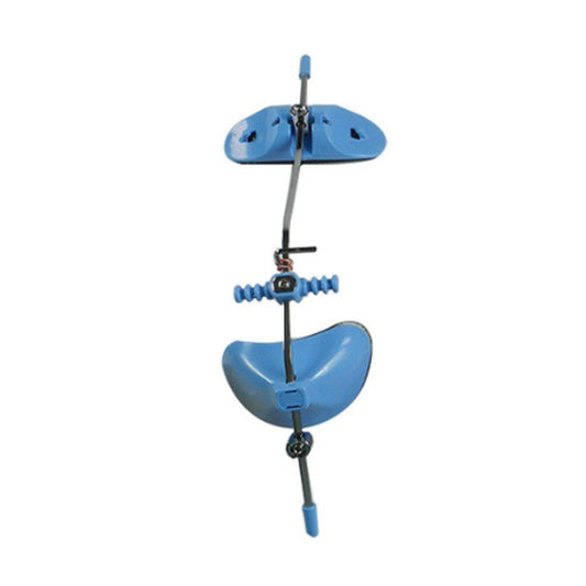 Blue fishing reel with a pulley system on a white background