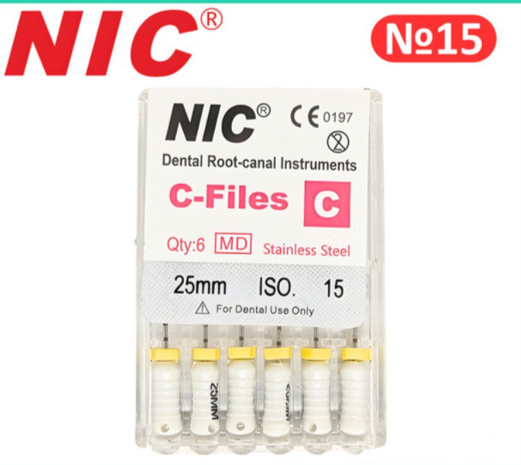 NIC dental root canal instruments packaging with C-Files on a white background