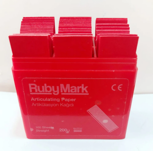 Red container of Ruby Mark articulating paper on a white background