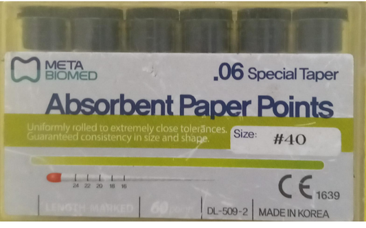 Box of Meta Biomed absorbent paper points with branding and product details.