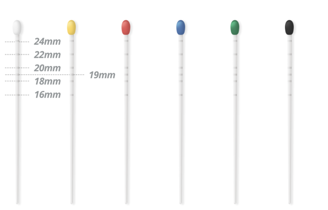 Set of cotton swabs with colored tips and measurement markings on a white background