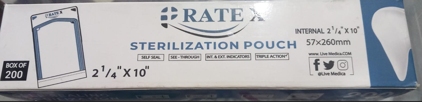 Box of RateX sterilization pouches with product details on a white background