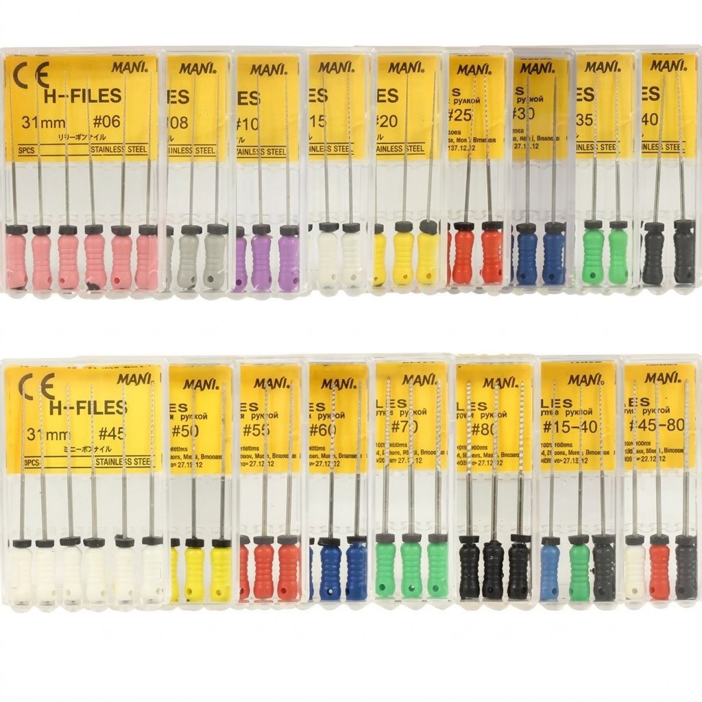 Mani manual H-file Hedström stainless steel endodontic hand file pack of 6 pieces for root canal enlargement dentinal wall refinement and debris removal in endodontic procedures