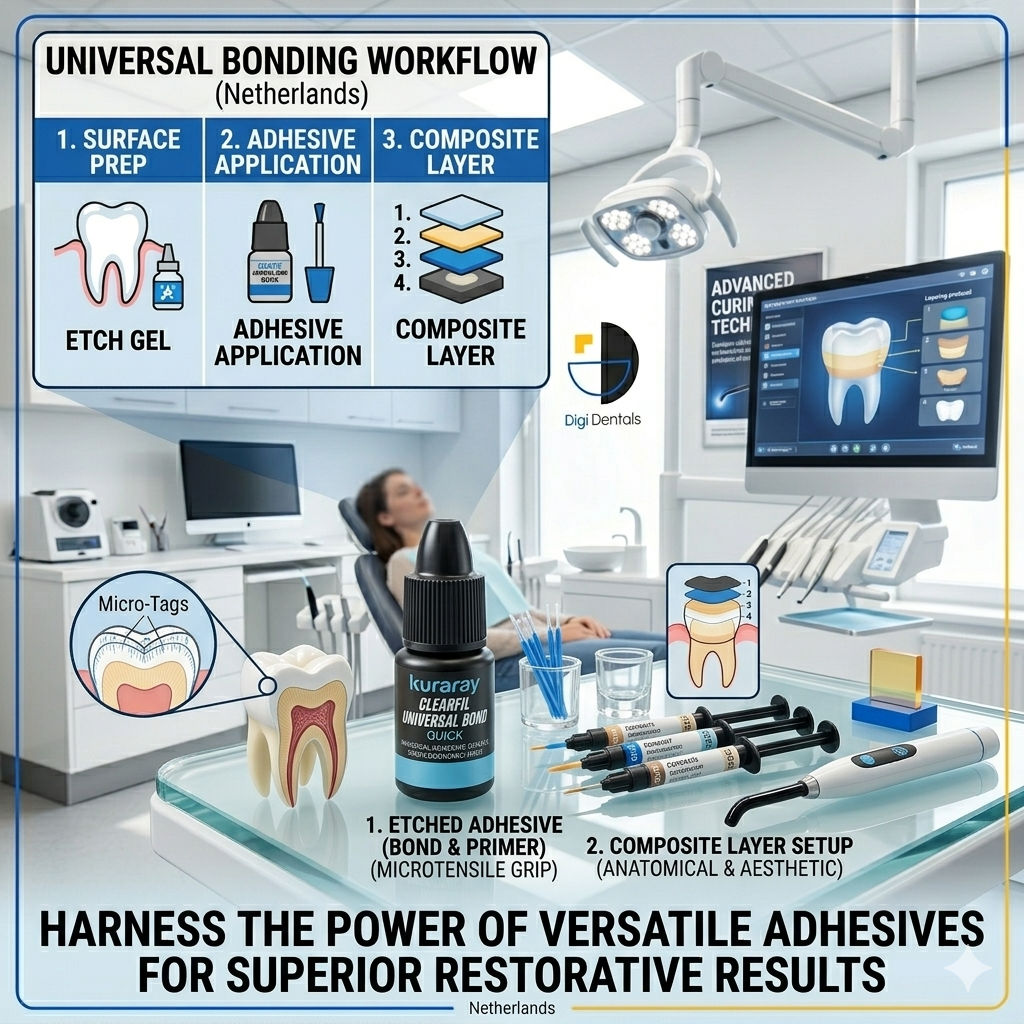 Universal adhesive bottle beside etched tooth structure and composite restoration setup in a modern dental clinic.