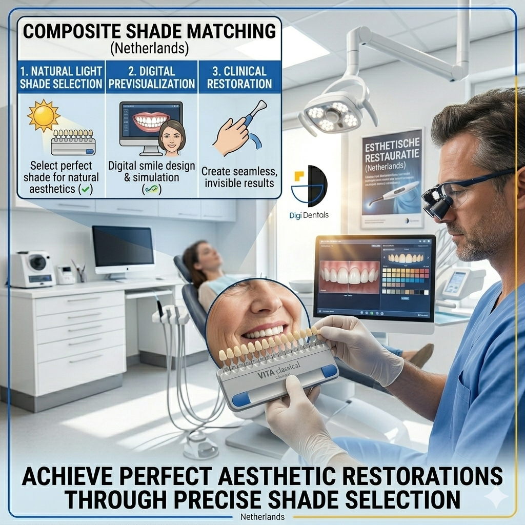 Dentist comparing composite shade tabs to a patient's anterior teeth under natural light before an aesthetic restoration.