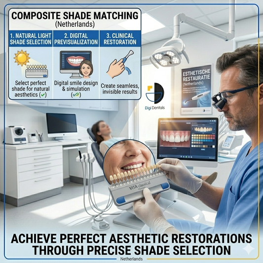 Dentist comparing composite shade tabs to a patient's anterior teeth under natural light before an aesthetic restoration.