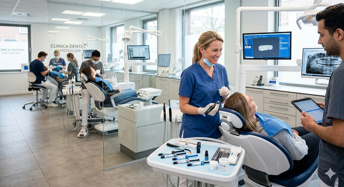 A modern multi-chair dental clinic with a dentist holding a wireless LED curing light beside composite restorative materials, representing equipment purchasing decisions and clinical workflow efficiency.