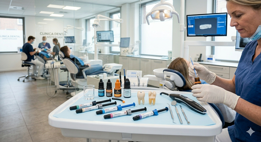 A modern dental clinic setup showing universal adhesive bottles, etched tooth models, composite materials, and a dentist preparing for restorative procedures.